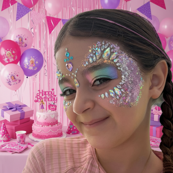 Girl with face paint at a birthday party with balloons and decorations