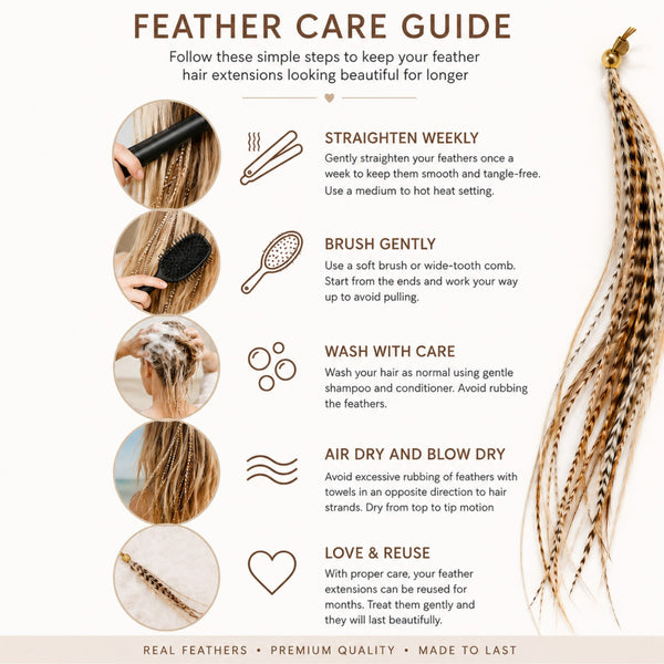 Feather hair extensions care guide with step-by-step instructions and images