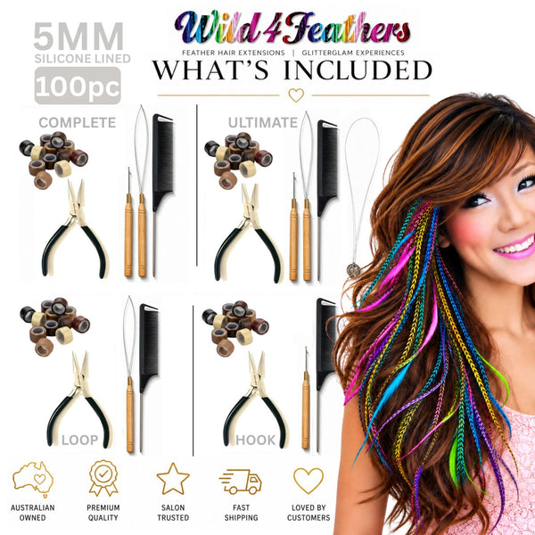 Bright mix feather hair extension kit set of whats included , includes optional 4 choices of tool kit sets with colourful feather pack by Wild4Feathers