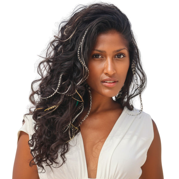 Woman with styled hair and jewelry on a white background