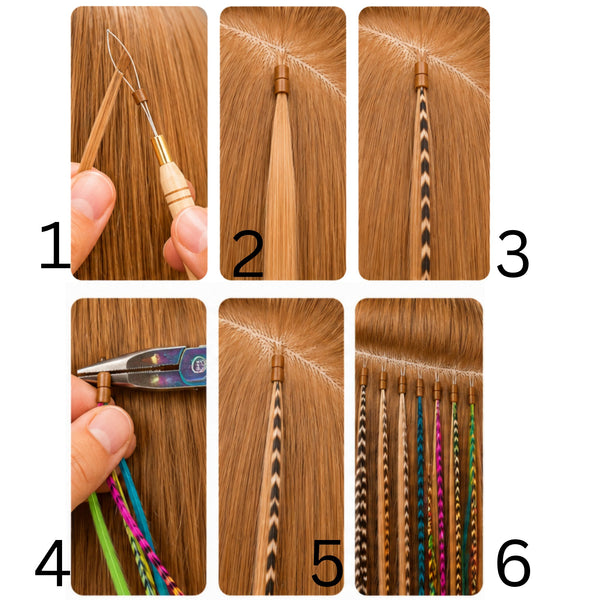 Step-by-step guide on how to attach feather hair extensions  into hairstyles by Wild4Feathers brand, a 6 step  illustration