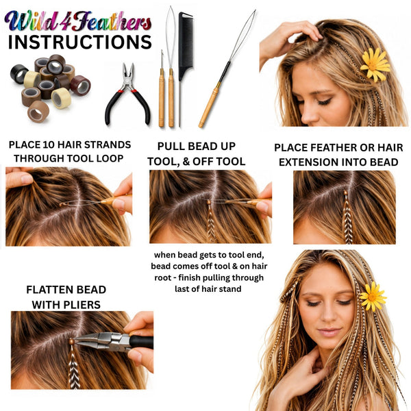 step by step instructions for attaching feather hair extensions into hair