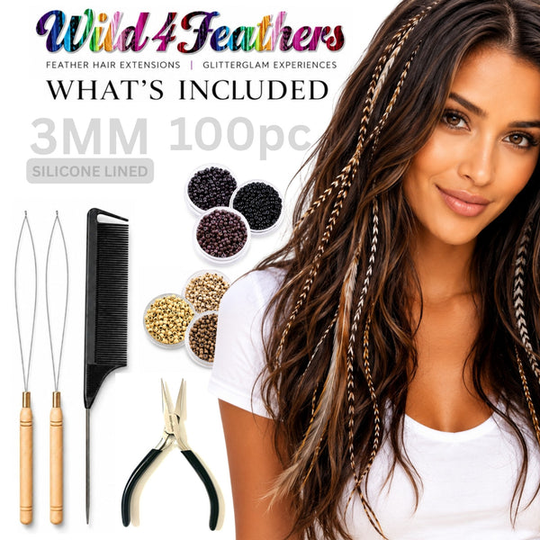 Wild4Feathers hair extension kit for attaching feather hair extensions and hair extension. Kit tools include 2 loop tool threaders, a black comb, pliers, and 3mm nano hair extension beads, silicone lined, 100pc pack set.