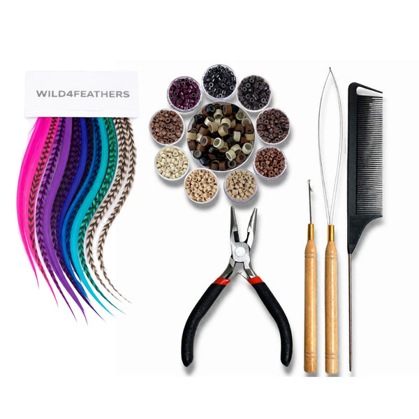 multicolour feather hair extensions 10 bright mix with complete installation kit tools and 5mm hair extension beads wild4feathers