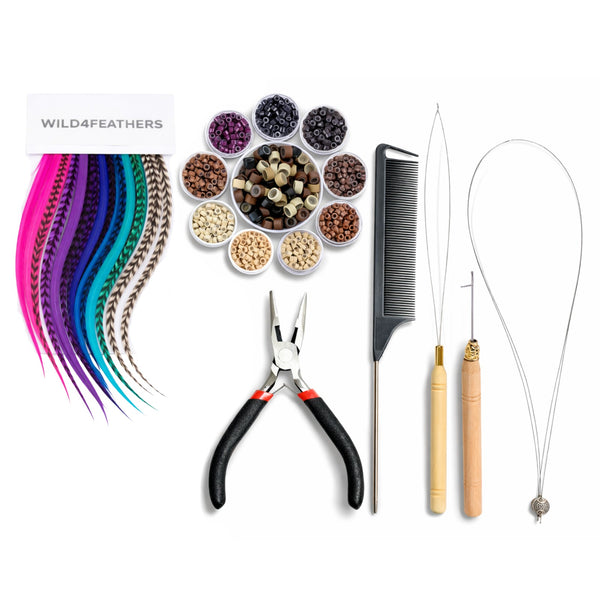 multicolour feather hair extensions 10 bright mix with ultimate installation kit tools and 5mm hair extension beads wild4feathers