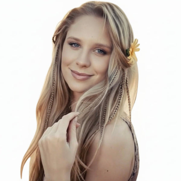 Woman wearing long blonde feather hair extensions and a yellow daisy flower in her hair