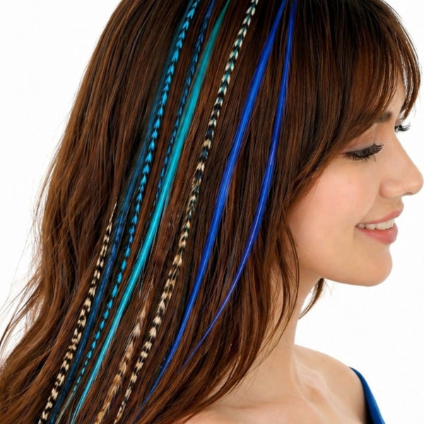 close-up blue and natural grizzly feather hair extensions mix in brunette boho hairstyle by wild4feathers
