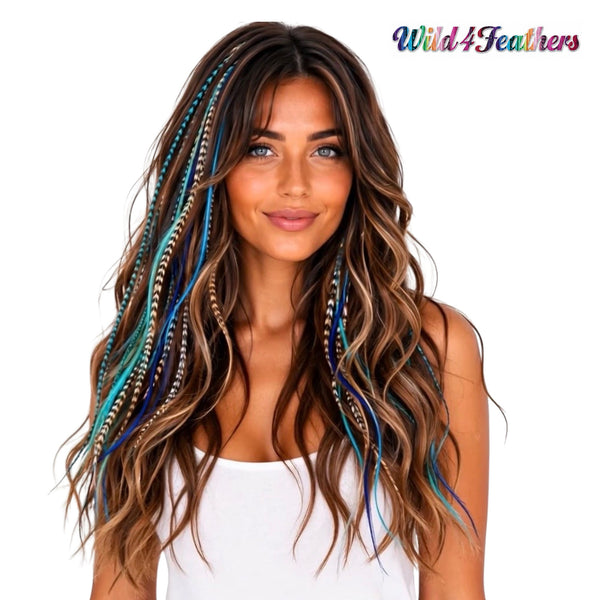 blue and natural mix feather hair extensions in brunette hairstyle by Wild4Feathers brand