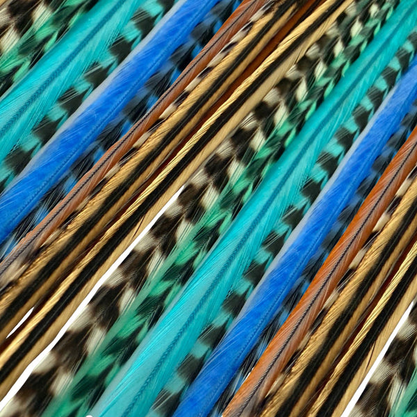 close up of blues mix and natural grizzly mix feather hair extensions in regular width ,real striped feathers for  feather hairstyling