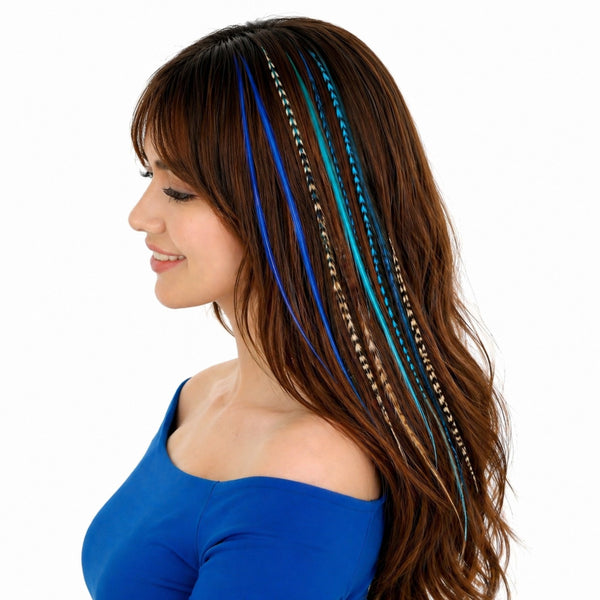 Woman wearing long blues mix grizzly and naturals mix grizzly feather hair extensions in long brown hair