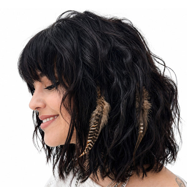 short brown fatz feather hair extensions in brown grizzly, and brown ginger grizzly striped feathers for hairstyling