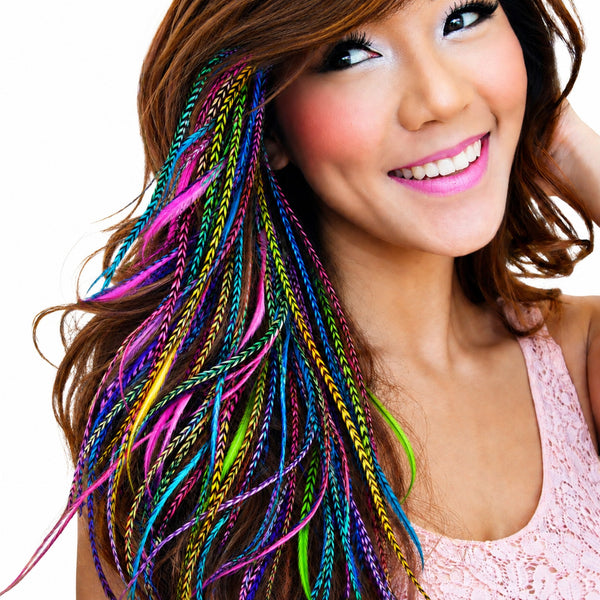 close-up full hairstyle look of colourful grizzly feather hair extensions in brown boho hairstyle by wild4feathers