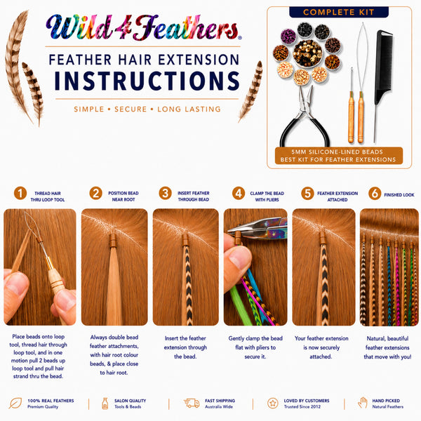 Wild4Feathers feather hair extension instructions how to attach feather hair extensions into hairstyles with a complete kit illustrations