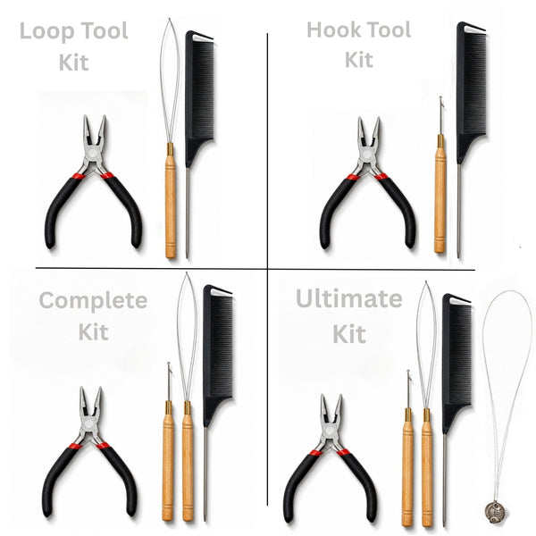 Set of feather hair extensions tools including pliers and combs labeled 'Loop Tool Kit', 'Hook Tool Kit', 'Complete Kit', and 'Ultimate Kit' by Wild4Feathers brand