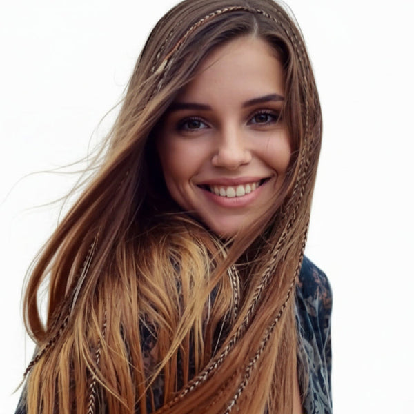 Woman with long hair smiling wearing XXL feather hair extensions naturals mix wide and skinny super long grizzly feathers
