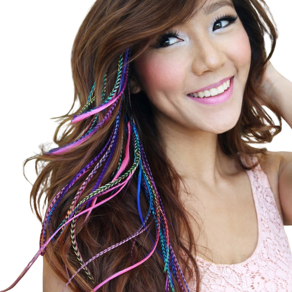 Rainbow feather hair extensions multicolor real natural feathers in brown hair, vibrant pink purple blue tones for festival, salon and boho hair styling