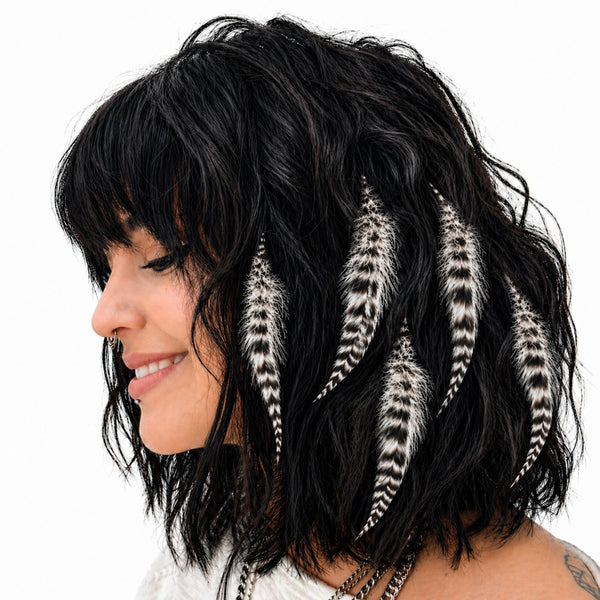 five natural fatz feather hair extensions in classic black and white grizzly striped fluffy feathers for hairstyling