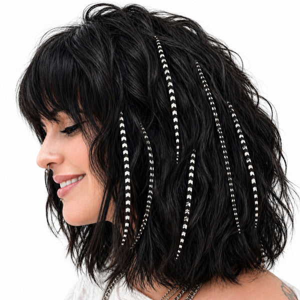 natural black and white feather hair extensions , wide'n'skinny real striped feathers for hairstyling