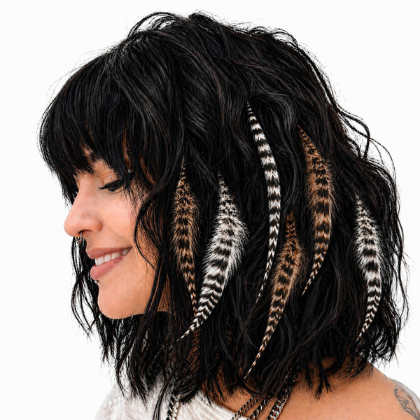 natural brown fluffy grizzly, and natural Black and white fluffy grizzly feather hair extensions , wide'n'fluffy real striped feathers for hairstyling