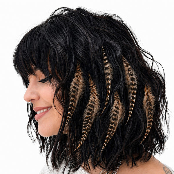 natural brown fluffy feather hair extensions , wide'n'fluffy real striped feathers for hairstyling