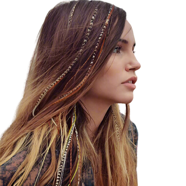 natural feather hair extensions 12 piece pack super long natural mixed feathers in brown hair