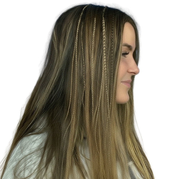 Woman with 12 XL feather hair extensions naturals mix wide and skinny long grizzly feathers in hair at beach