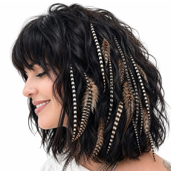 natural fatz feather hair extensions in brown grizzly, brown ginger grizzly , and classic black and white grizzly striped feathers for hairstyling