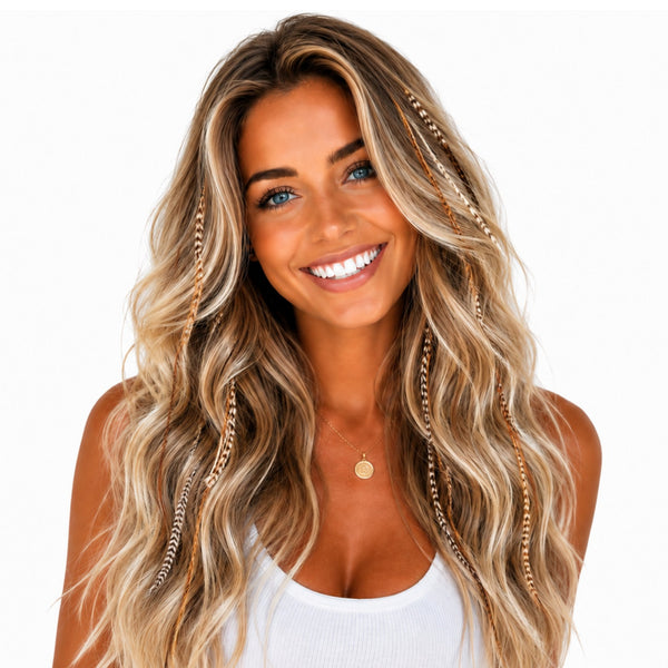 natural feather hair extensions in natural wide and skinny mixed feathers in blonde balayage hair