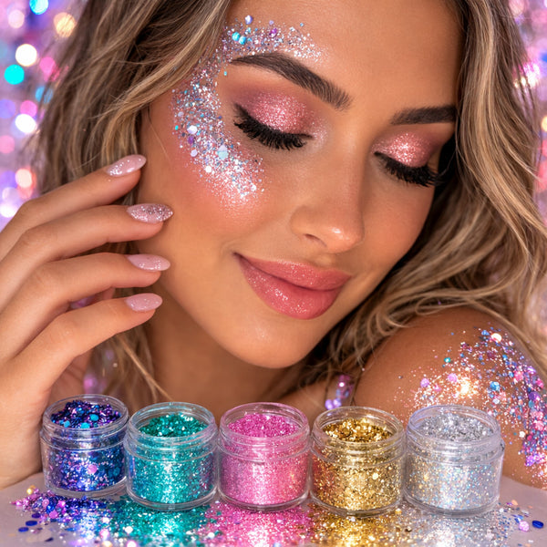 Festival face glitter makeup look using cosmetic glitter for face, body and hair styling