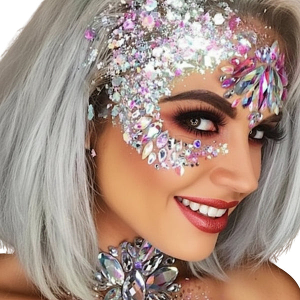 Person with face and hair covered in colourful glitter and rhinestones
