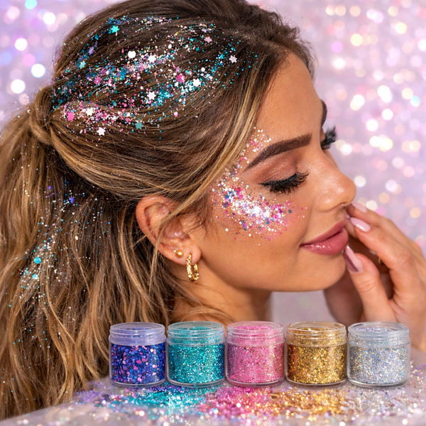 Festival hair glitter application with cosmetic face and body glitter makeup look using pink, aqua, gold and silver festival glitters