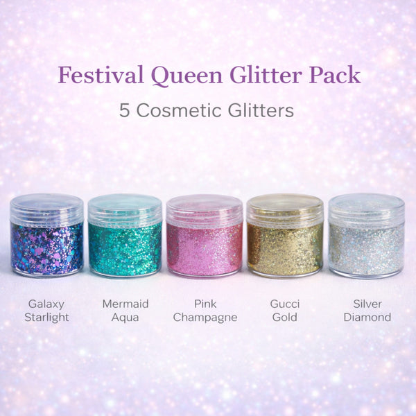 Festival Queen Cosmetic Glitter Pack – 5 Cosmetic Glitters for Festival Makeup, Face Glitter, Body Glitter and Hair Styling