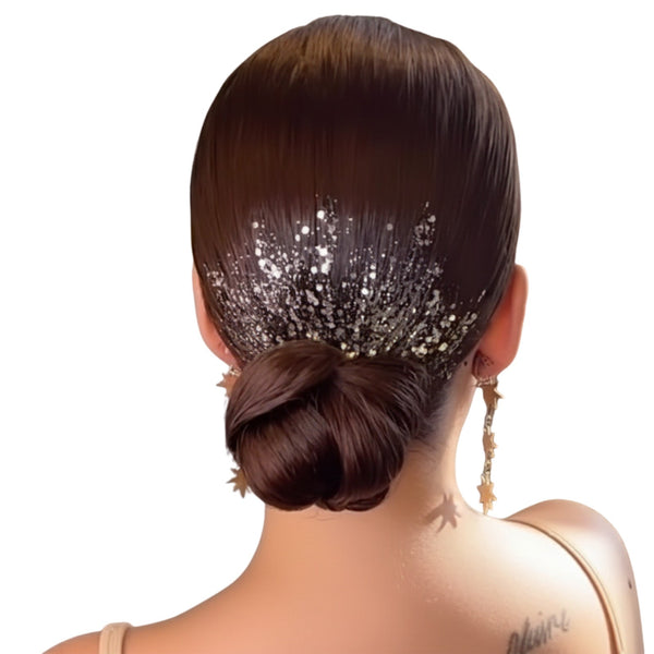 Back view of a formal brunette stylish hairdo featuring hologram silver glitter-glam bun