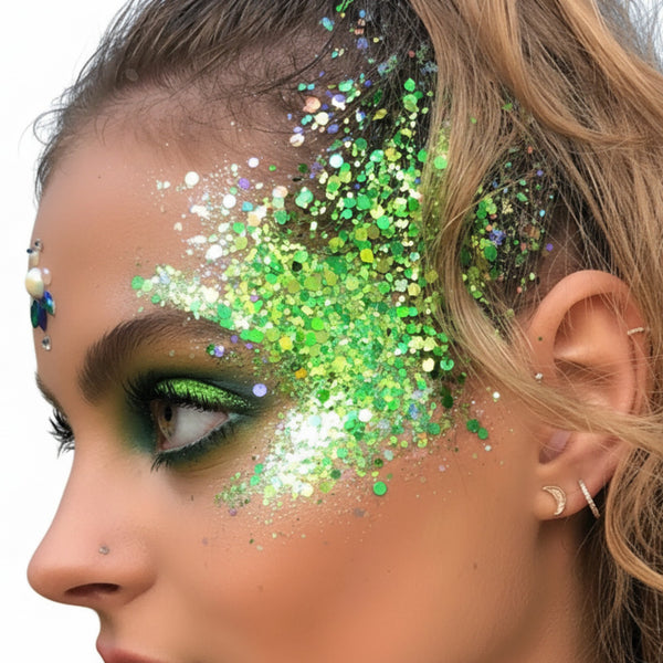 Close-up of a person with green glitter on their face and hair by glitterglam cosmetics