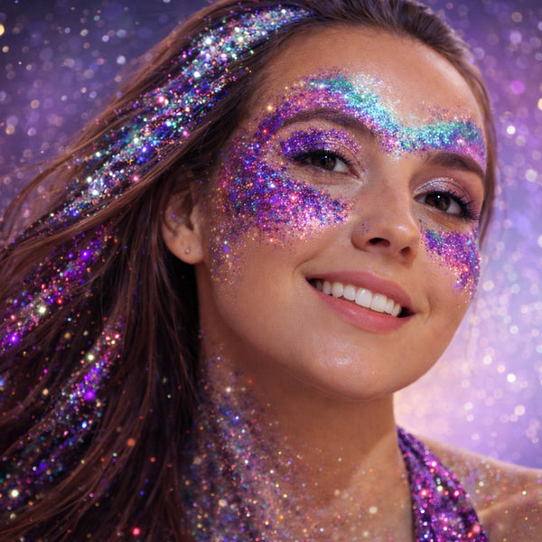 Woman with glittery makeup and hair against a purple sparkly background