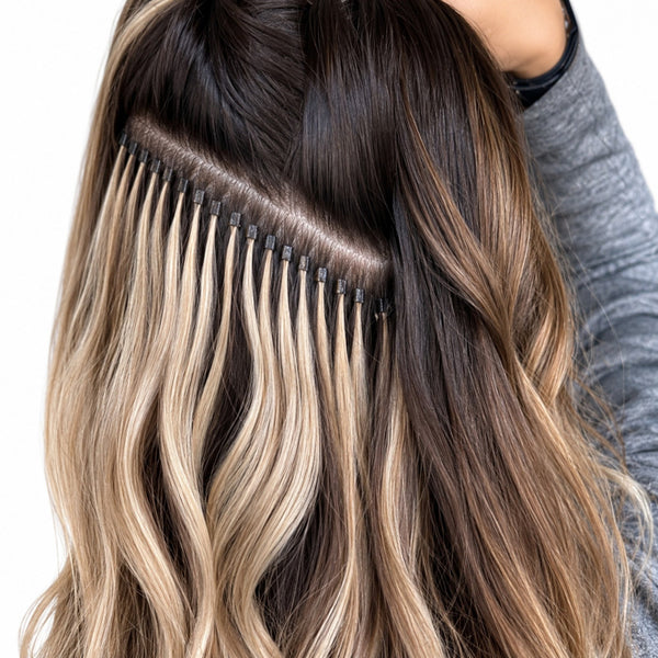 Hair extensions attached with 5mm size micro-beads with a gradient from black to blonde premium single hair extensions