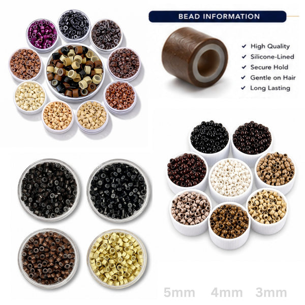 hair extension beads comparison guide in 3 sizes of 5mm, 4mm and 3mm for attaching extensions to hair