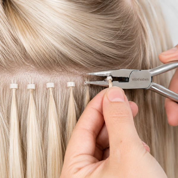 hair bead removal of blonde hair extensions with plier hair tools
