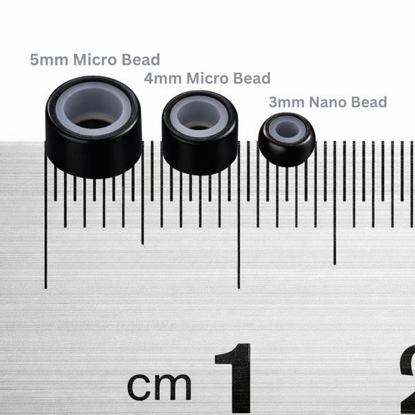 hair extension bead size comparisons between hair bead sizes 5mm, 4mm, 3mm hair beads on a ruler