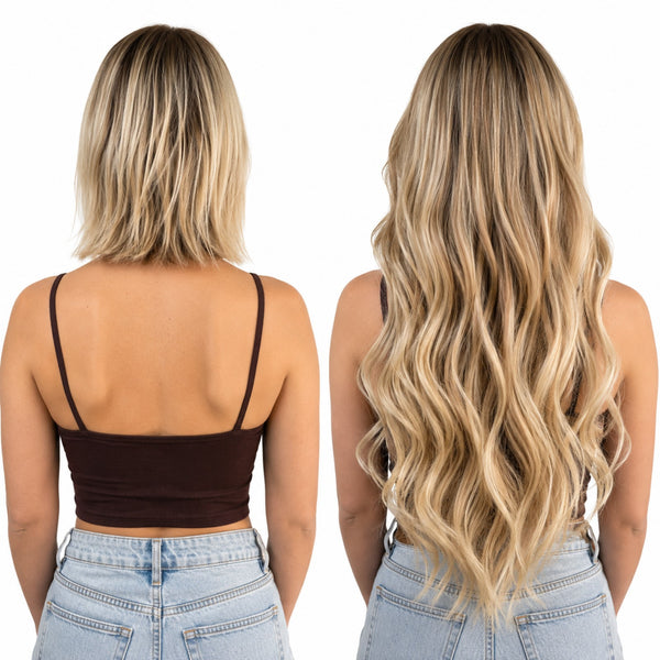 before and after results for blonde hair extension application 