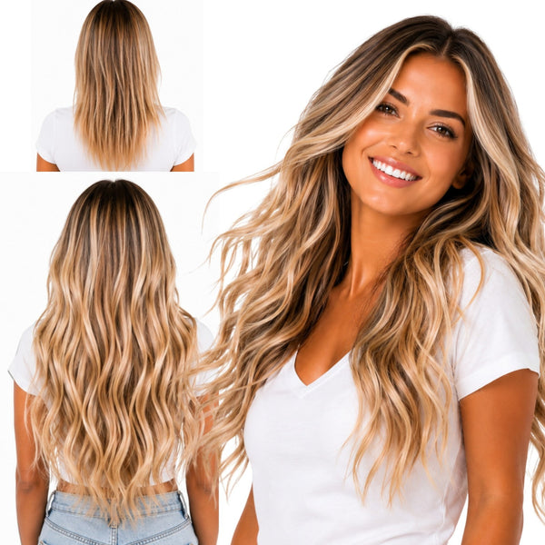 before and after results of blonde balayage hair extensions 