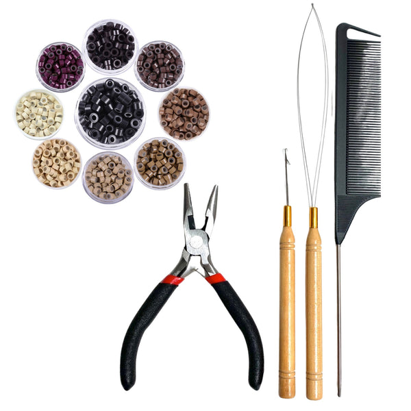Set of hair extension tools including pliers, hook tool, loop threader, and a black comb on a white background