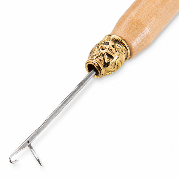 Metal hook tool with wooden handle for attaching hair extensions