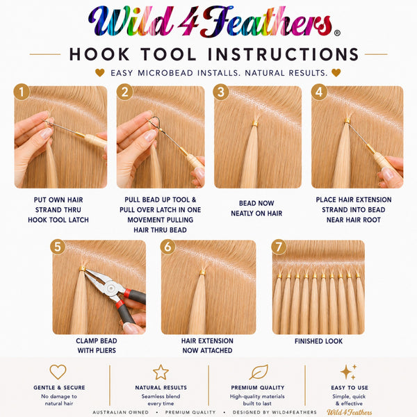 Step-by-step guide on how to install microbead hair extensions with a hair extension hook tool by Wild4Feathers branding.