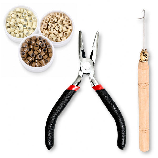 Set of hair extension attachment tools for microbead hair extension applications , including hair plier, hook tool, 5mm blonde mix micro-beads 
