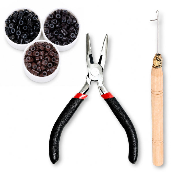 Set of hair extension attachment tools for microbead hair extension applications , including hair plier, hook tool, 5mm dark mix micro-beads 
