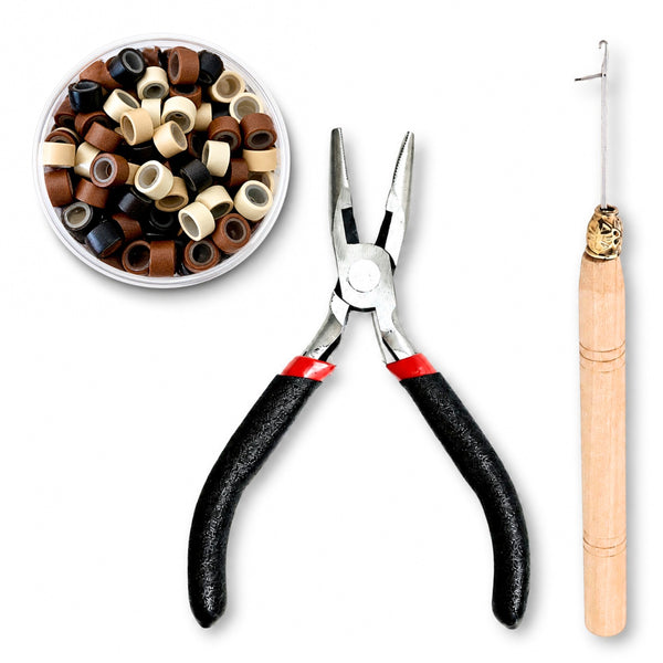 Set of hair extension attachment tools for microbead hair extension applications , including hair plier, hook tool, 5mm multi-mix micro-beads 