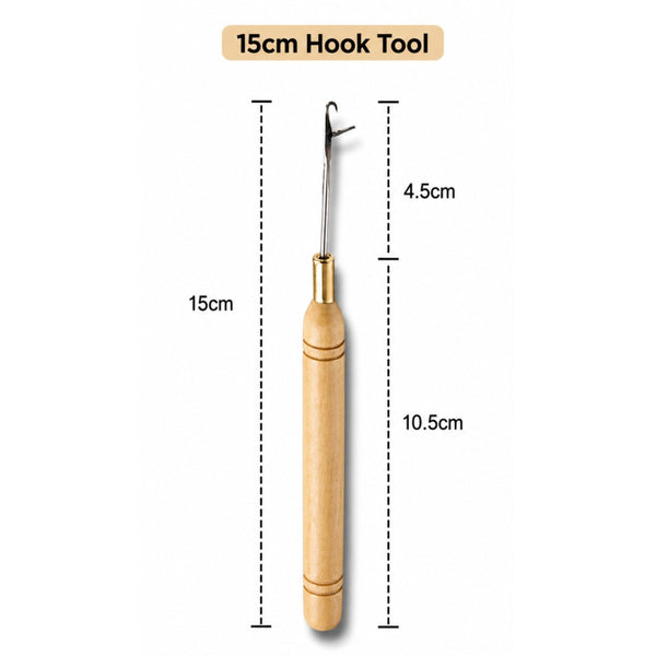 a 15cm hook tool with measurements, a hair tool for attaching micro-bead hair extensions 