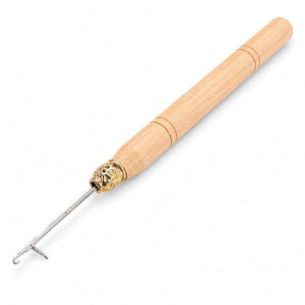 Wooden handled hook tool with a metallic loop hair extension latch on tip for attaching hair extensions