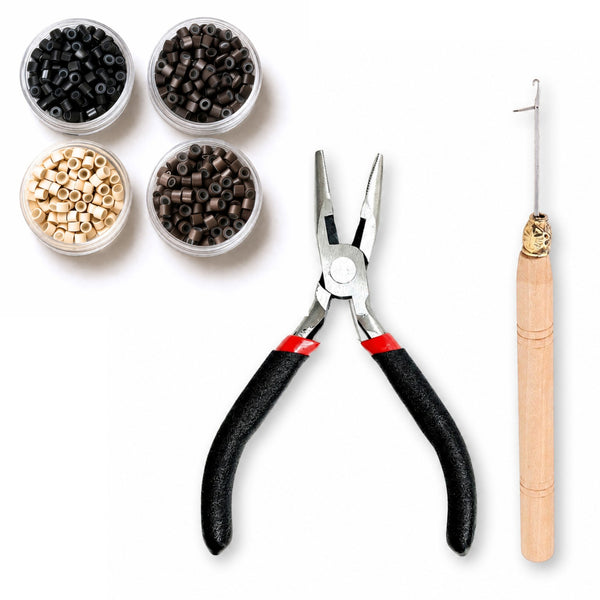 hair extension hook tool kit including pliers, 4mm size micro-beads, and a hook tool needle for attaching hair extensions